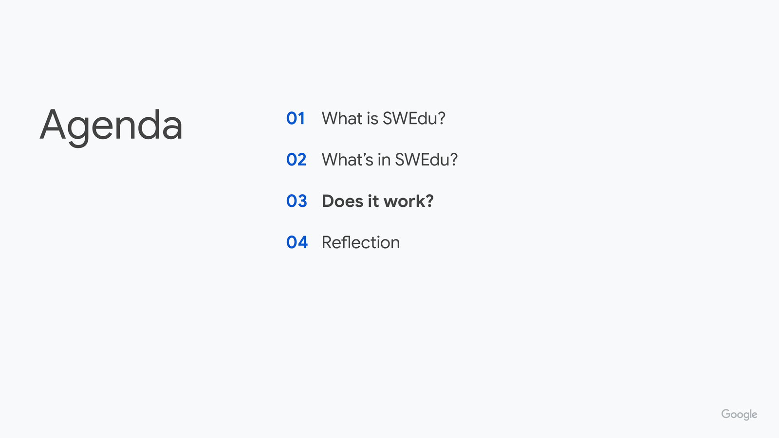 Agenda slide with '03 Does it work?' now bolded as current section.